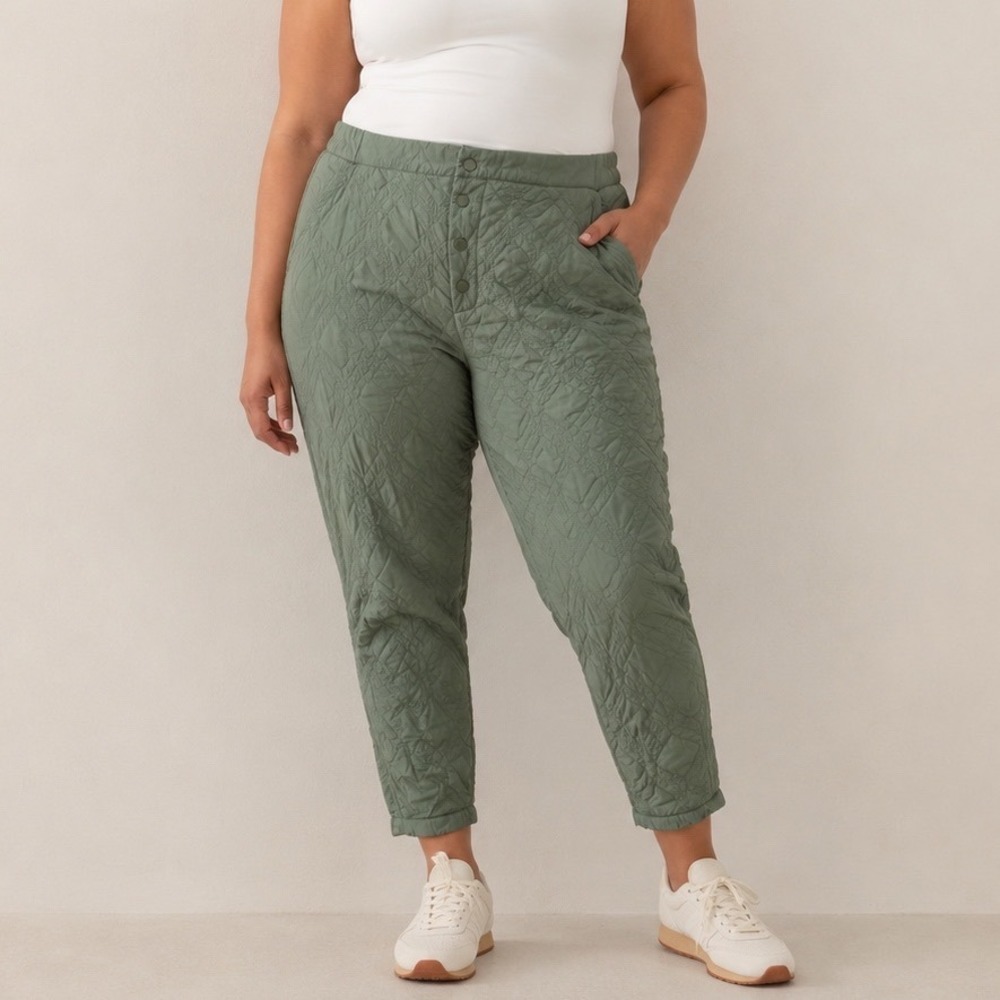 Fabletics Quilted Jogger Pants Sage Green Snap Button Fly 1X‎ Athleisure Comfy